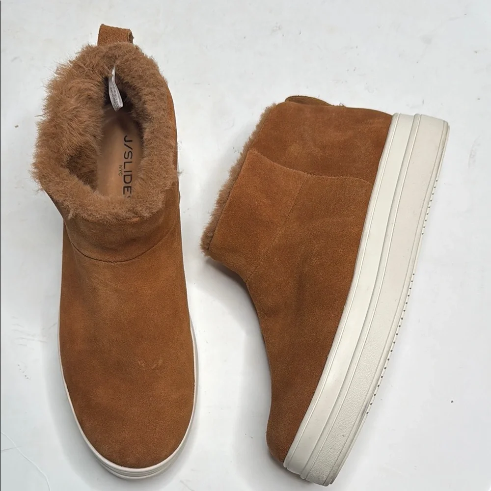 J/SLIDES Faux Fur-Lined Microsuede Tan Brown Booties S-286 Sz 10